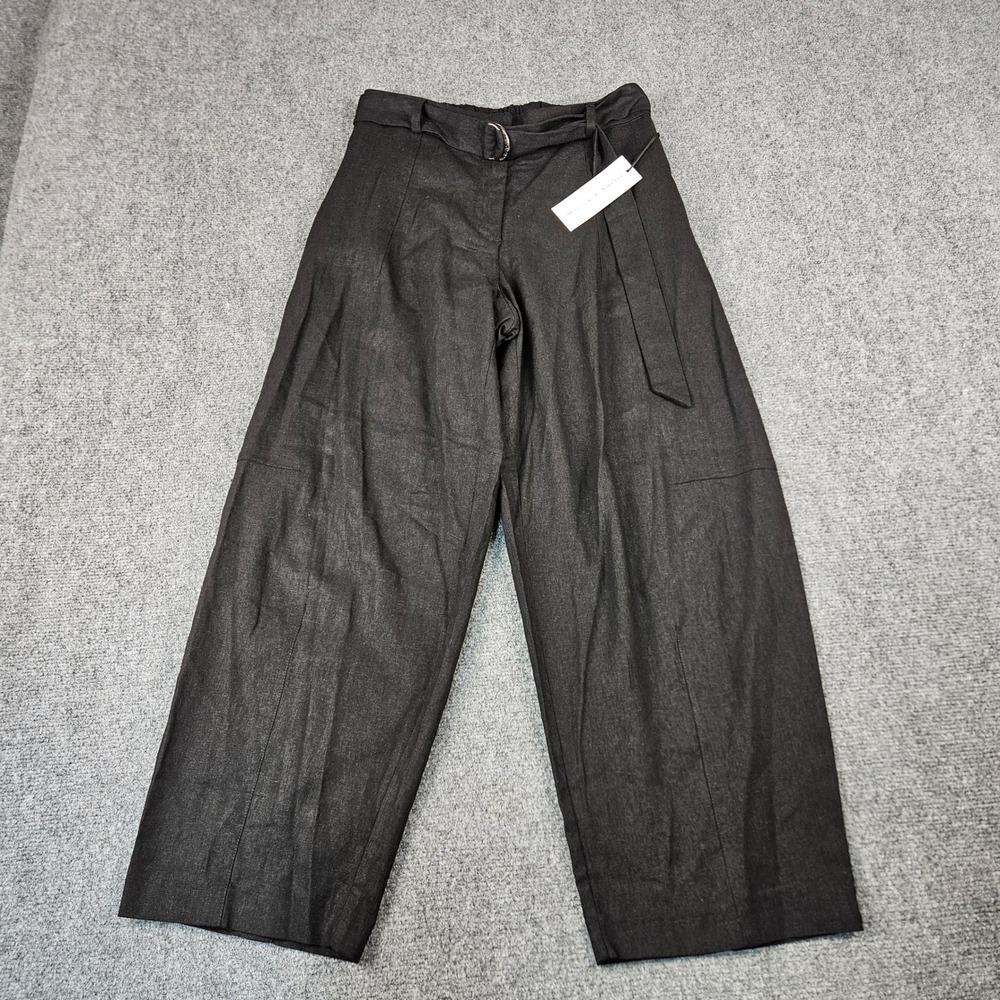 Maison d'Amelie Paris Black Linen Blend Wide Leg Belted Pants Size 8 NEW